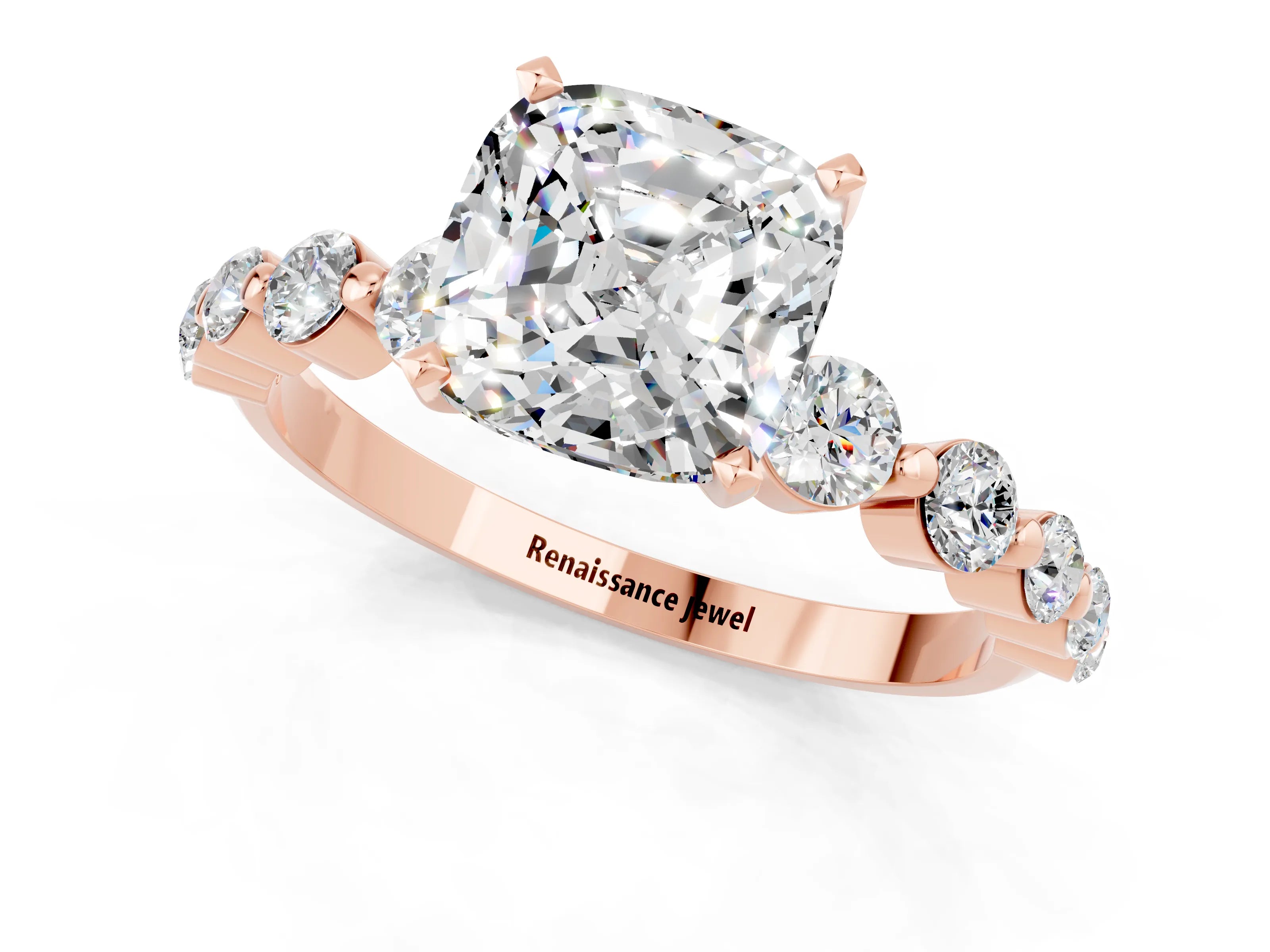 Rose gold Cushion Cut Solitaire Moissanite Ring with Pave Band and Four-Prong Setting_1