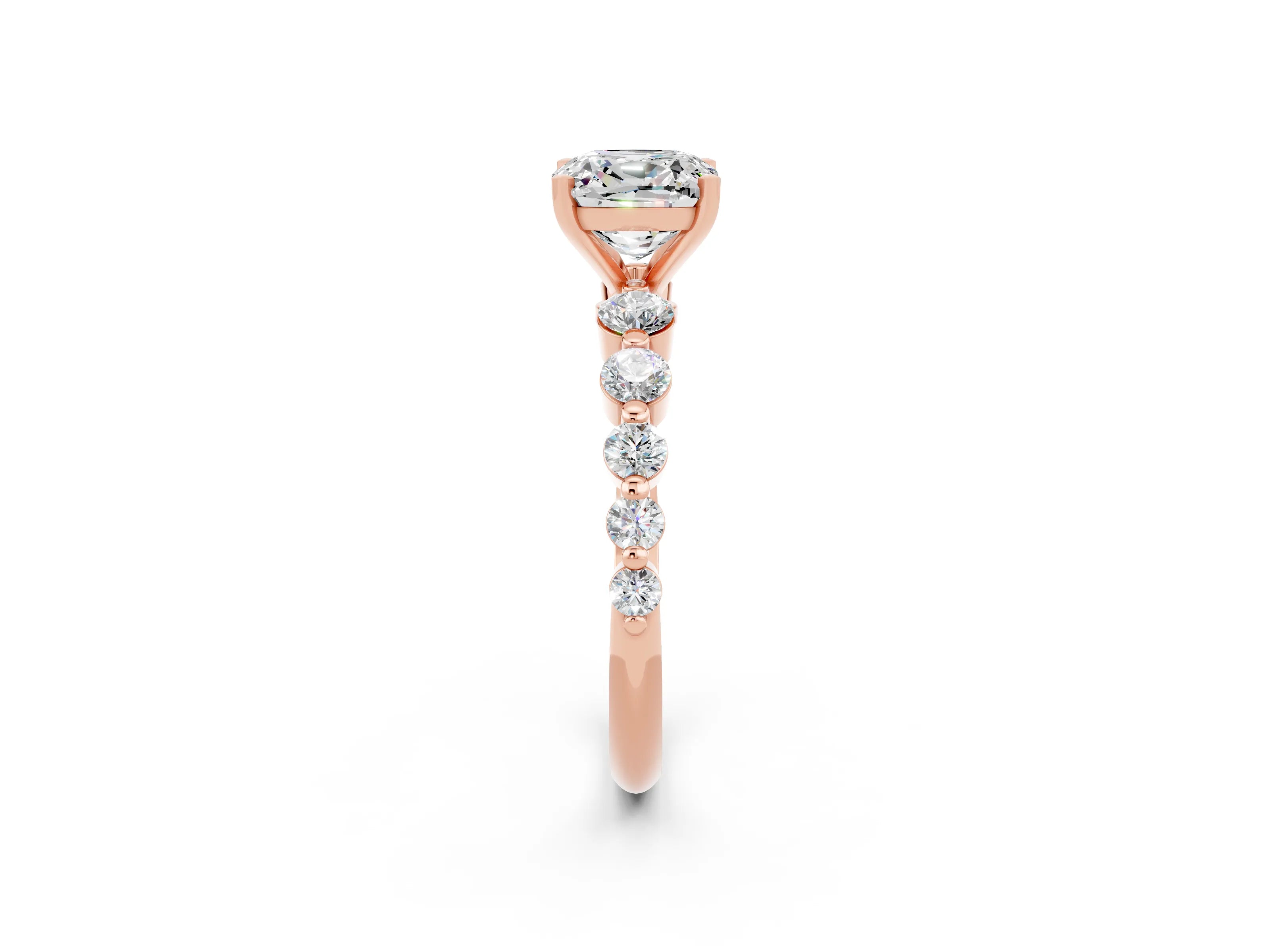 Rose gold Cushion Cut Solitaire Moissanite Ring with Pave Band and Four-Prong Setting_2