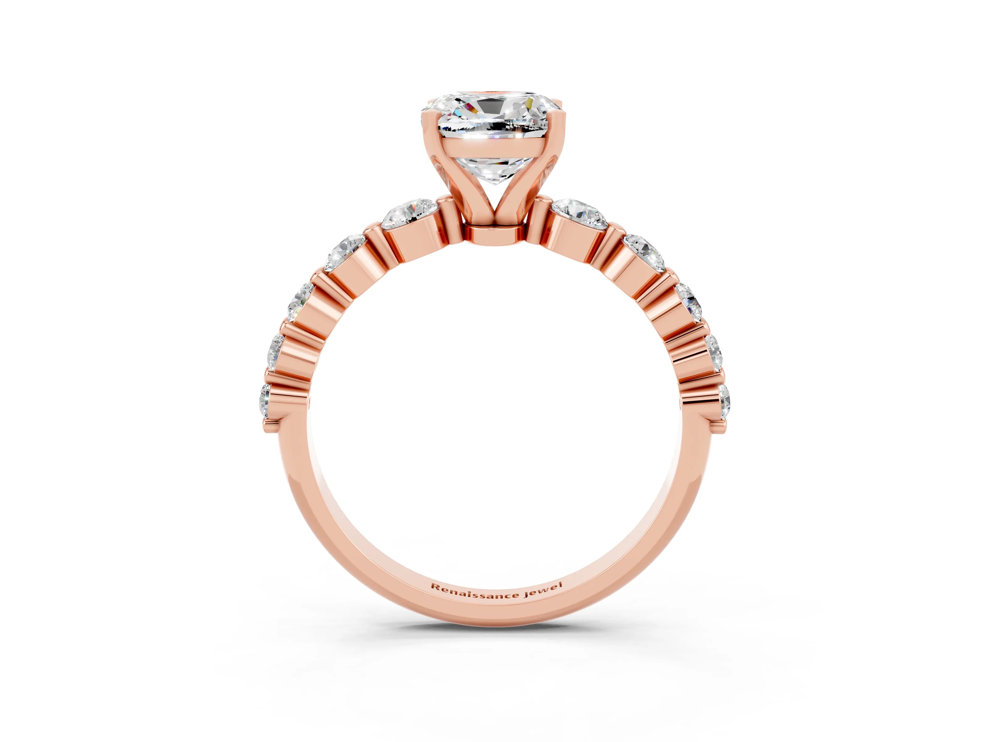 Rose gold Cushion Cut Solitaire Moissanite Ring with Pave Band and Four-Prong Setting_3