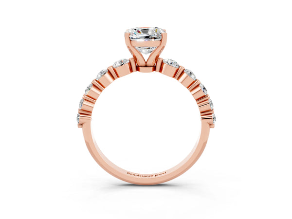 Rose gold Cushion Cut Solitaire Moissanite Ring with Pave Band and Four-Prong Setting