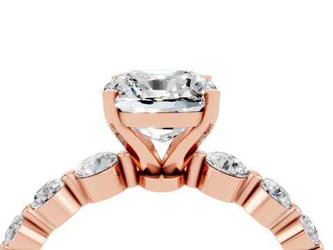 Rose gold Cushion Cut Solitaire Moissanite Ring with Pave Band and Four-Prong Setting_4