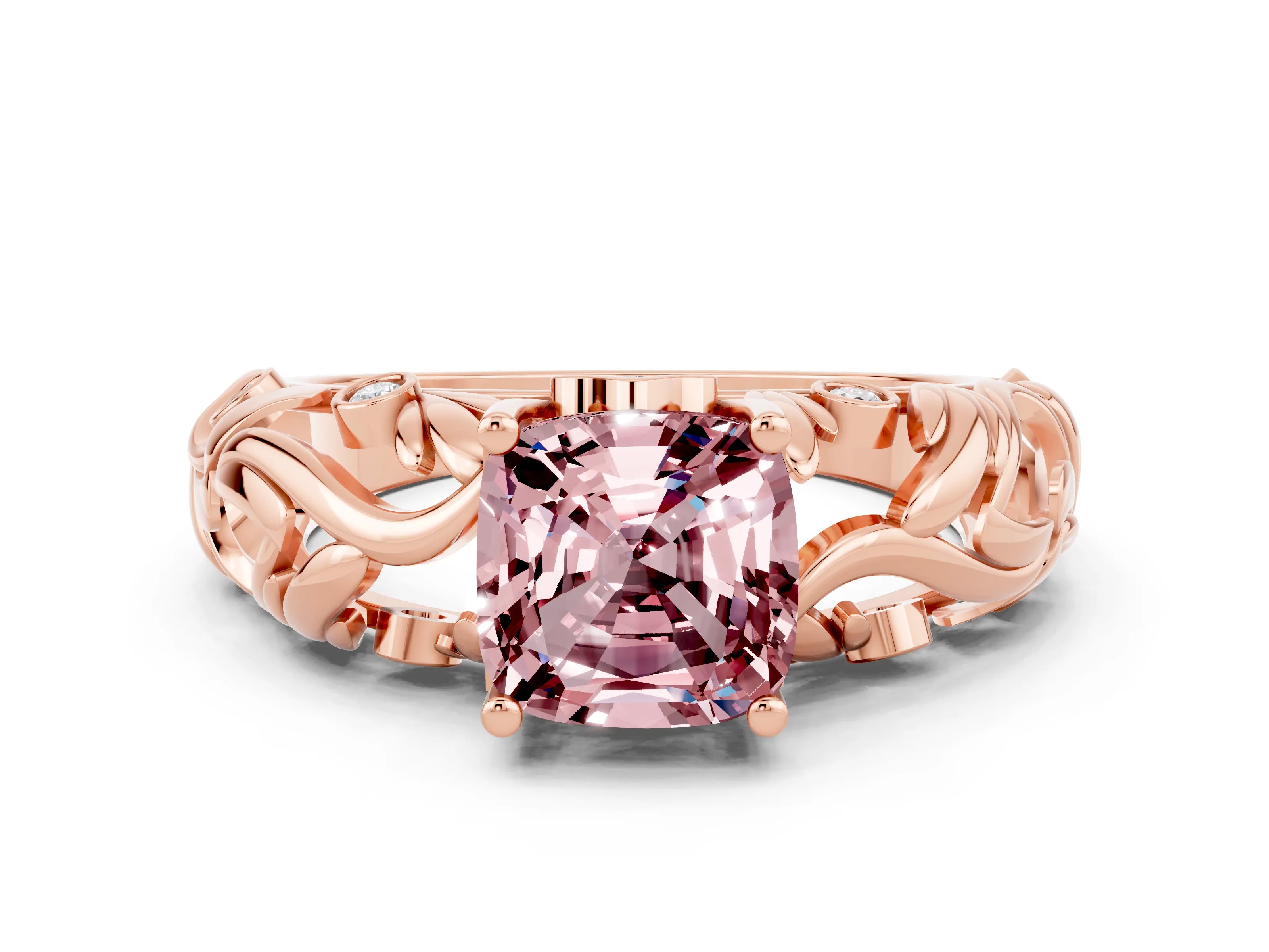 Rose gold Cushion Cut Solitaire Morganite Leaf-Inspired Vine Band Ring with Prong Setting