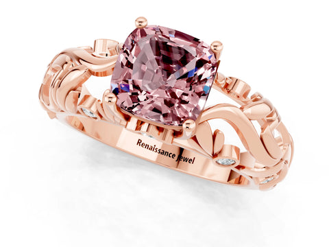 Rose gold Cushion Cut Solitaire Morganite Leaf-Inspired Vine Band Ring with Prong Setting_1