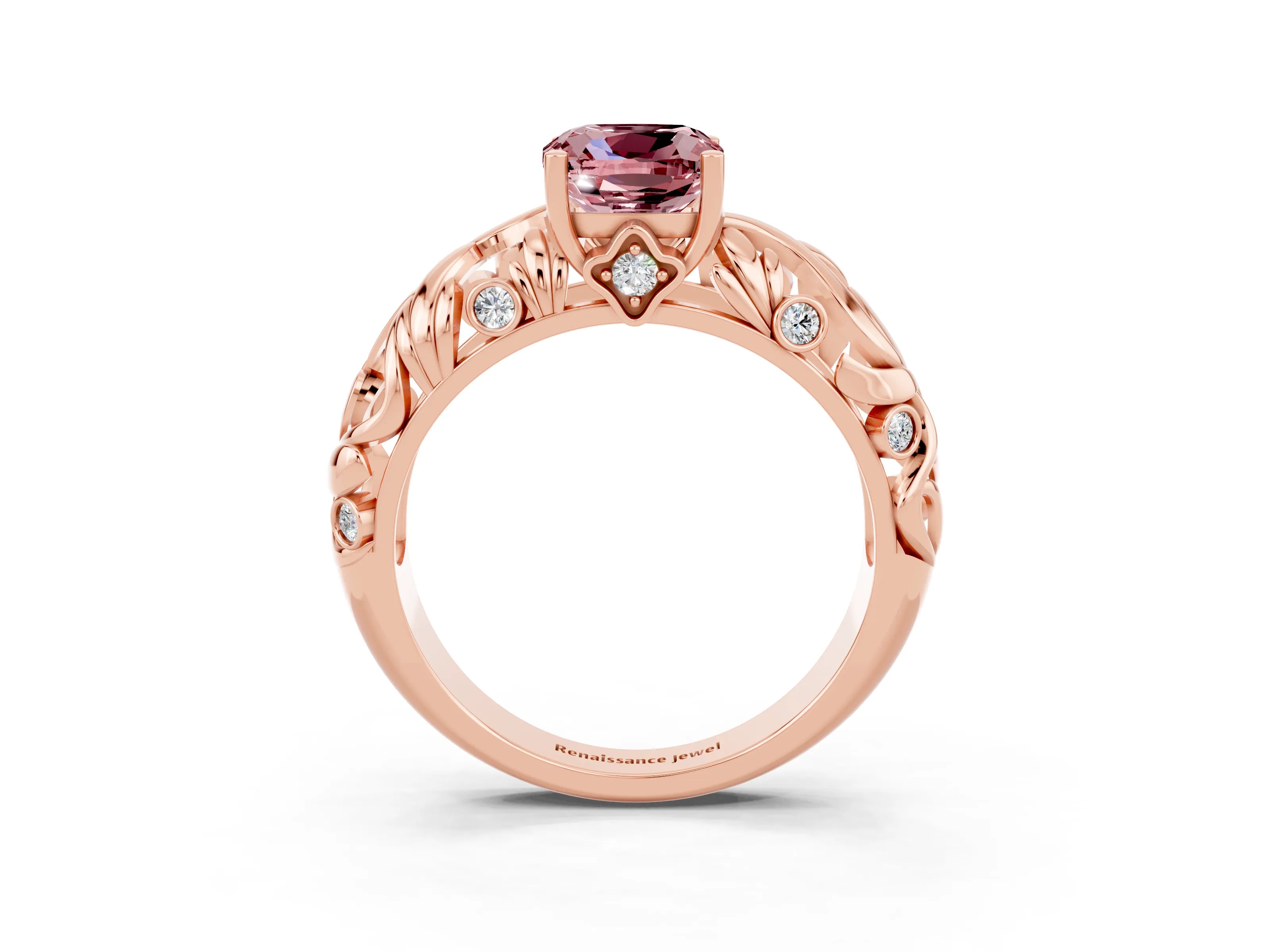 Rose gold Cushion Cut Solitaire Morganite Leaf-Inspired Vine Band Ring with Prong Setting_3