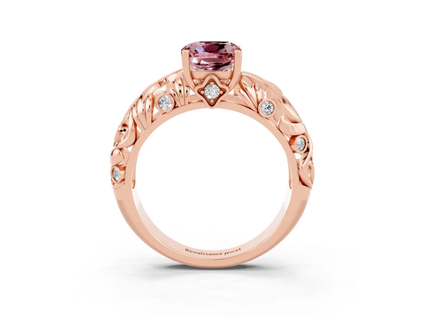 Rose gold Cushion Cut Solitaire Morganite Leaf-Inspired Vine Band Ring with Prong Setting