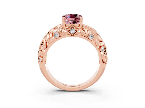 Rose gold Cushion Cut Solitaire Morganite Leaf-Inspired Vine Band Ring with Prong Setting_3