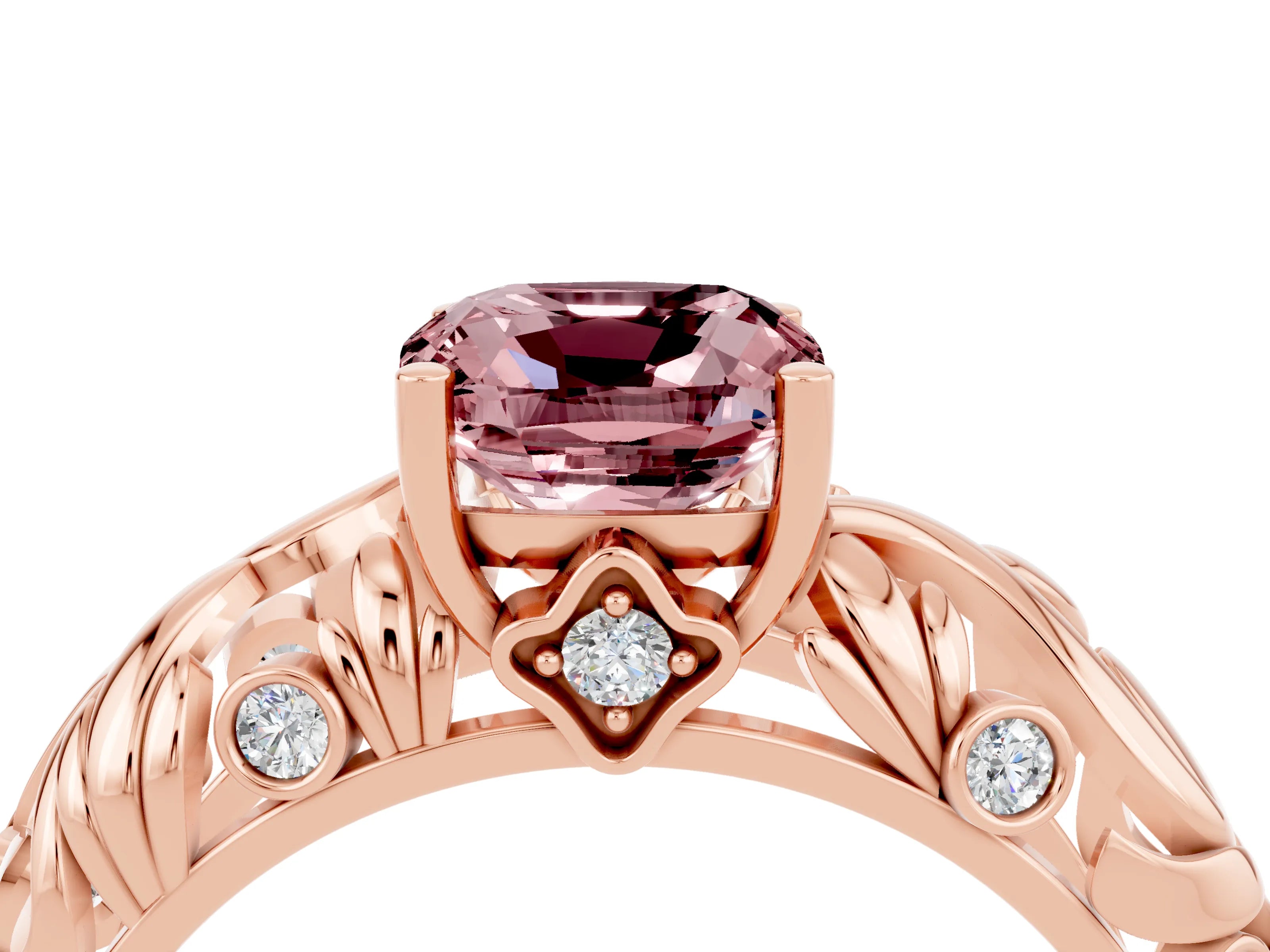 Rose gold Cushion Cut Solitaire Morganite Leaf-Inspired Vine Band Ring with Prong Setting_4