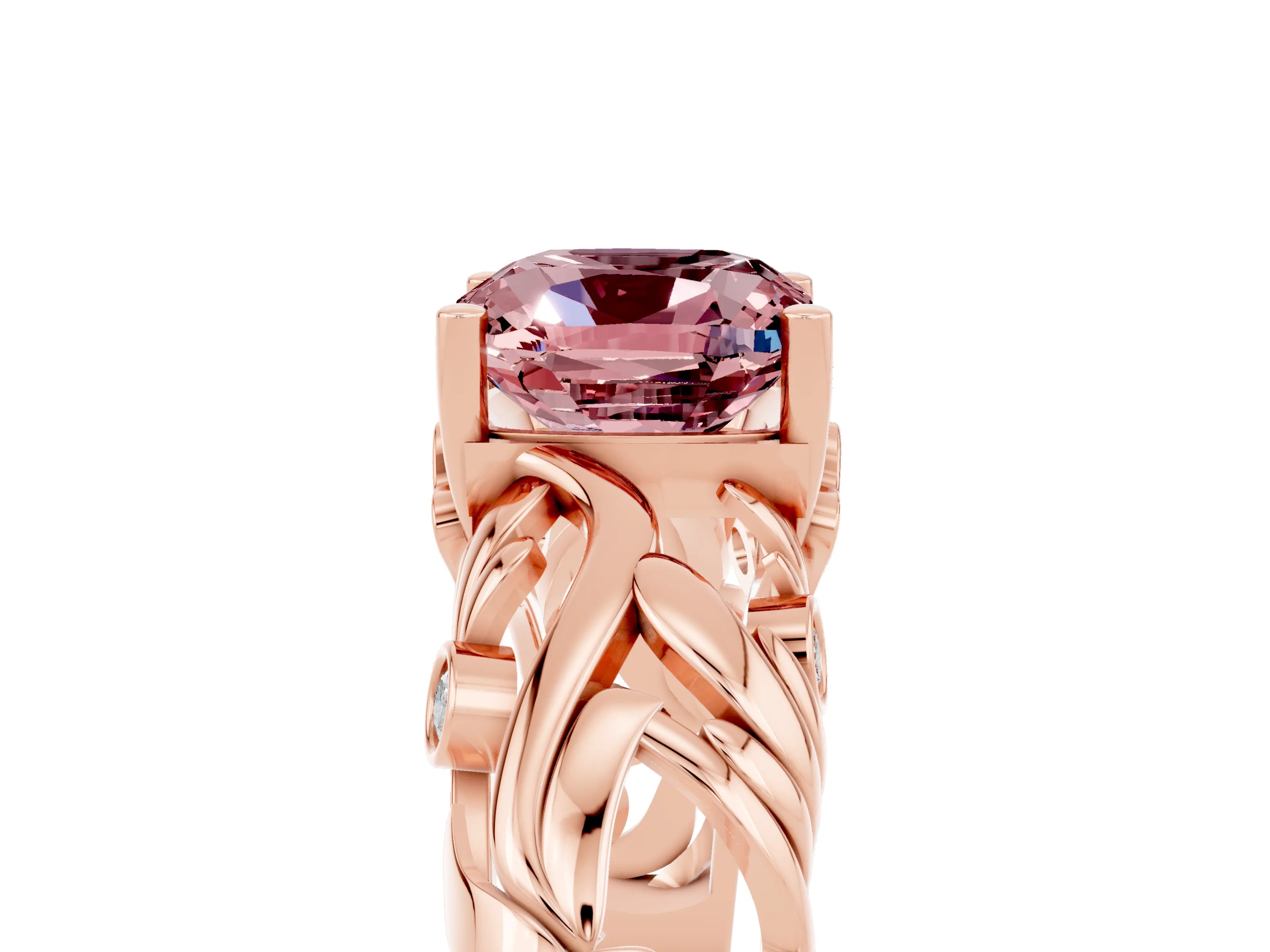 Rose gold Cushion Cut Solitaire Morganite Leaf-Inspired Vine Band Ring with Prong Setting_5