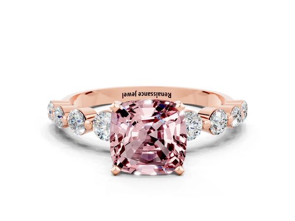 Rose gold Cushion Cut Solitaire Morganite Ring with Pave Band and Four-Prong Setting