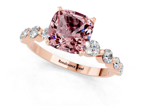 Rose gold Cushion Cut Solitaire Morganite Ring with Pave Band and Four-Prong Setting_1