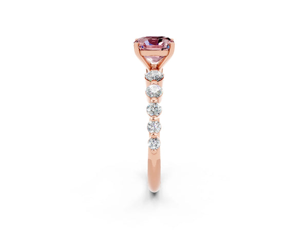Rose gold Cushion Cut Solitaire Morganite Ring with Pave Band and Four-Prong Setting