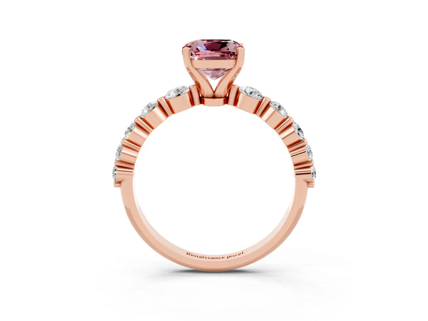Rose gold Cushion Cut Solitaire Morganite Ring with Pave Band and Four-Prong Setting