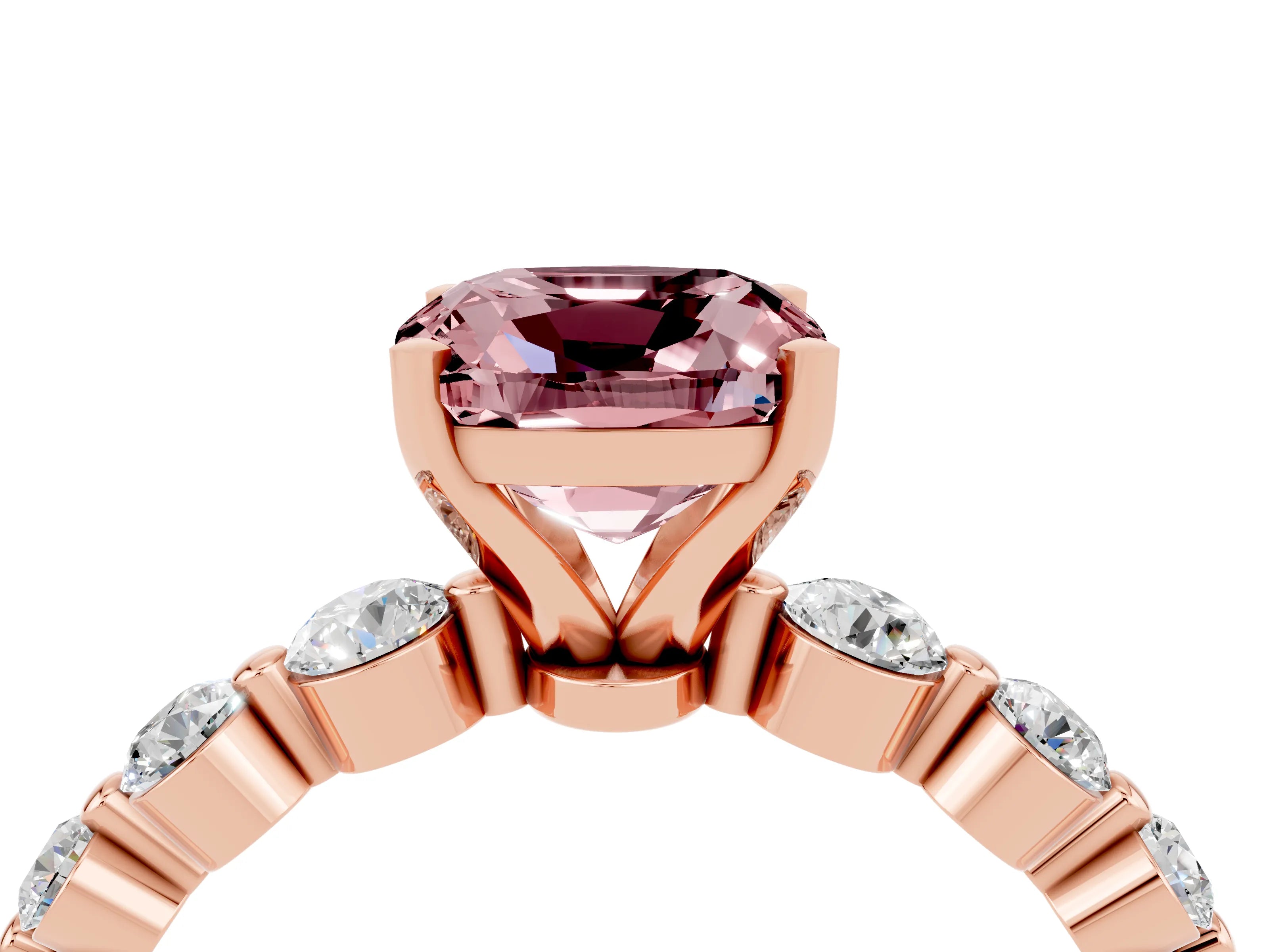 Rose gold Cushion Cut Solitaire Morganite Ring with Pave Band and Four-Prong Setting_4