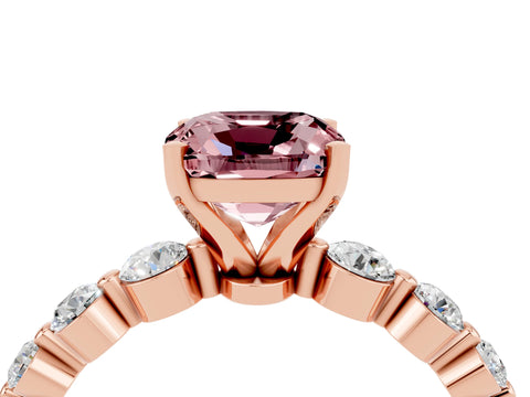Rose gold Cushion Cut Solitaire Morganite Ring with Pave Band and Four-Prong Setting_4
