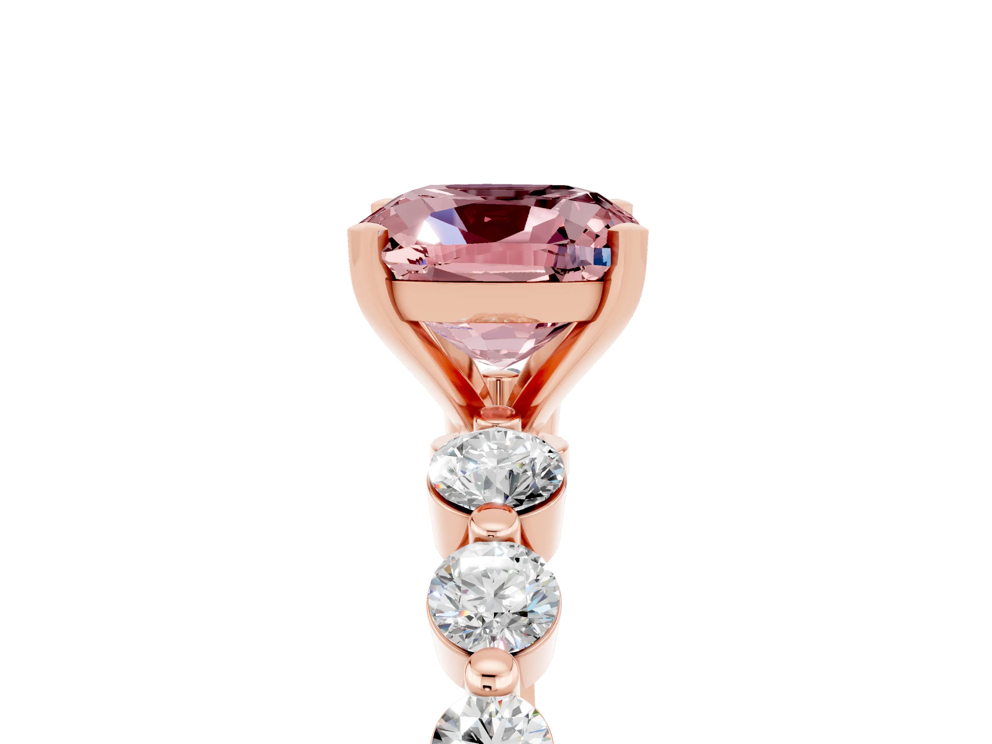 Rose gold Cushion Cut Solitaire Morganite Ring with Pave Band and Four-Prong Setting_5