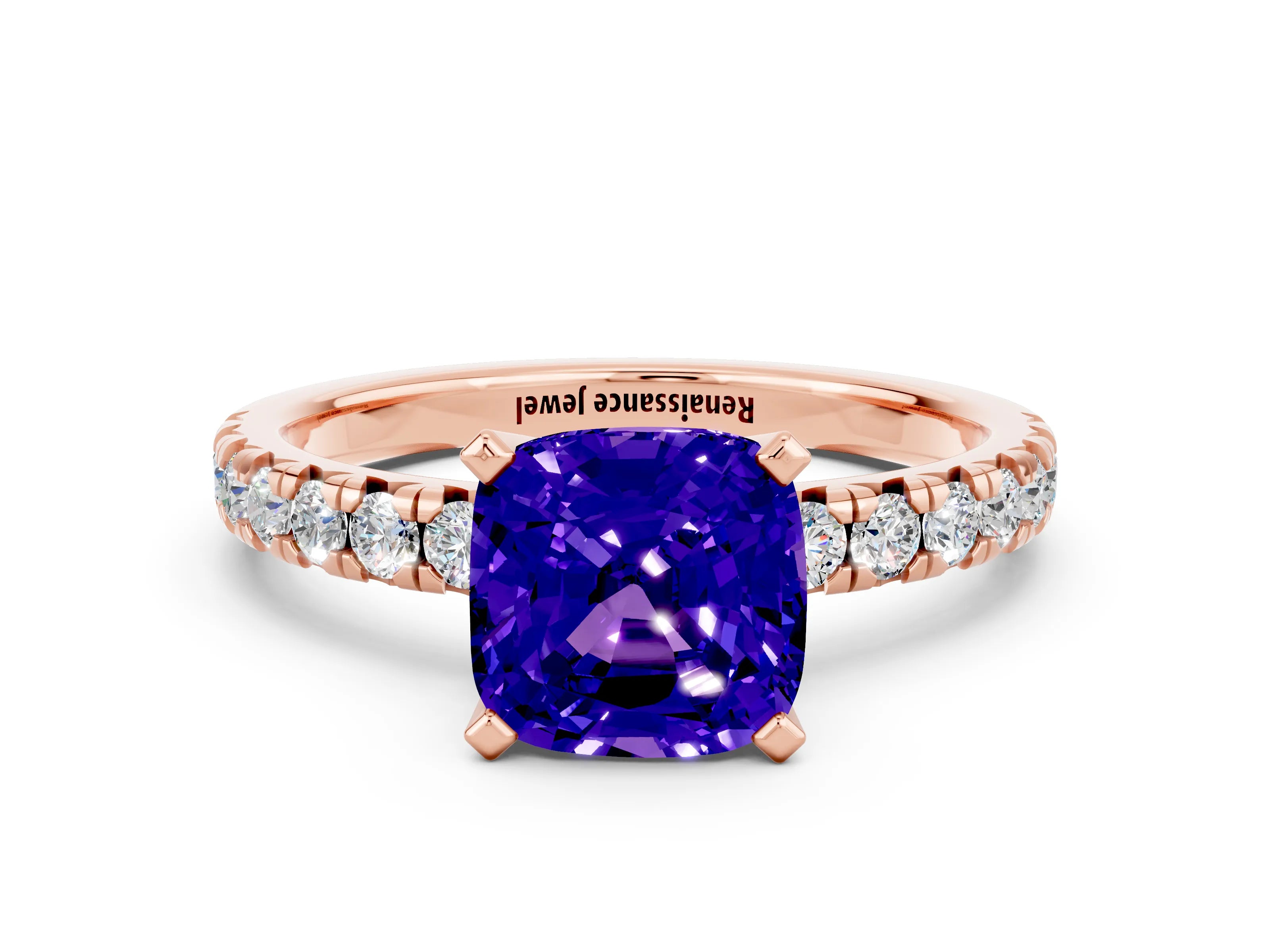 Rose gold Cushion Cut Solitaire Pave Diamond Engagement Ring with Four-Prong Setting_12