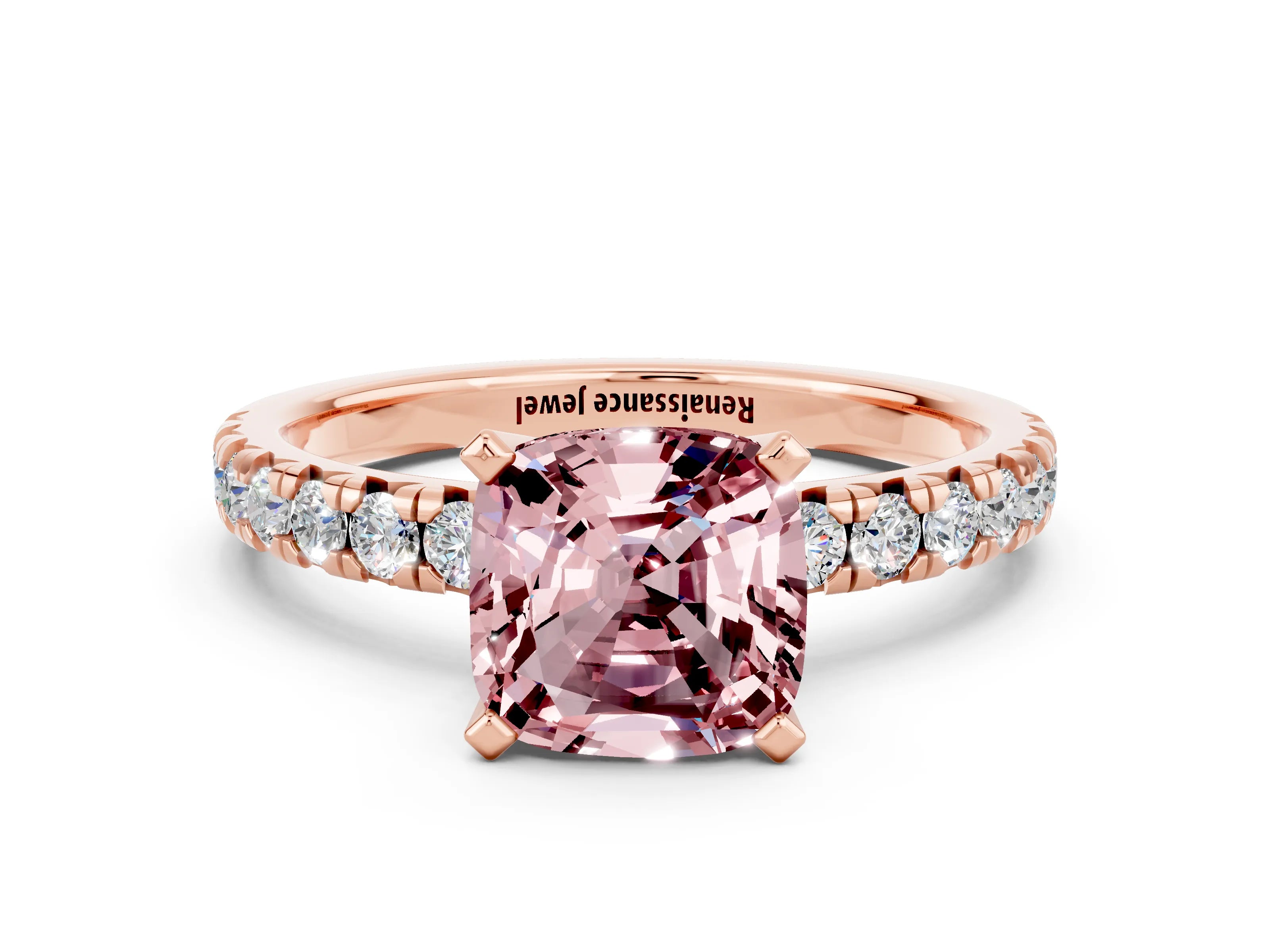 Rose gold Cushion Cut Solitaire Pave Diamond Engagement Ring with Four-Prong Setting_12