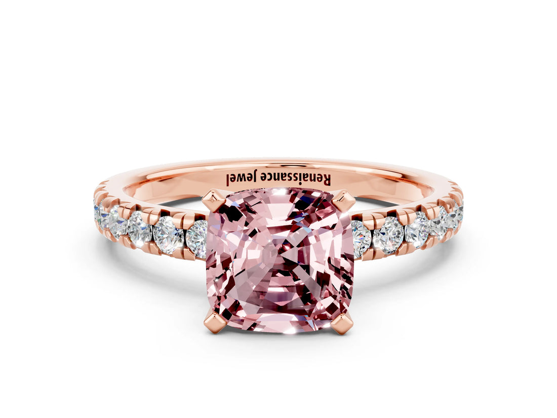 Rose gold Cushion Cut Solitaire Pave Diamond Engagement Ring with Four-Prong Setting_12