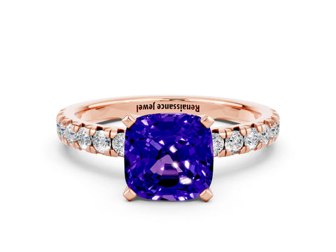 Rose gold Cushion Cut Solitaire Pave Diamond Engagement Ring with Four-Prong Setting_12