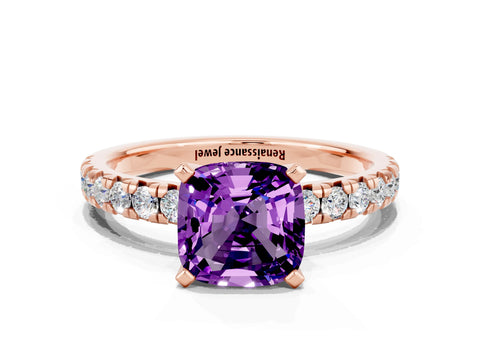 Rose gold Cushion Cut Solitaire Pave Diamond Engagement Ring with Four-Prong Setting