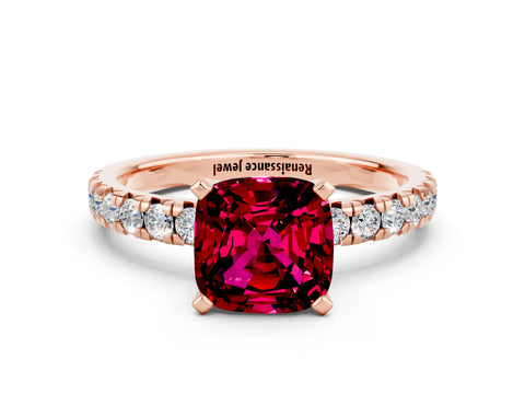 Rose gold Cushion Cut Solitaire Pave Diamond Engagement Ring with Four-Prong Setting