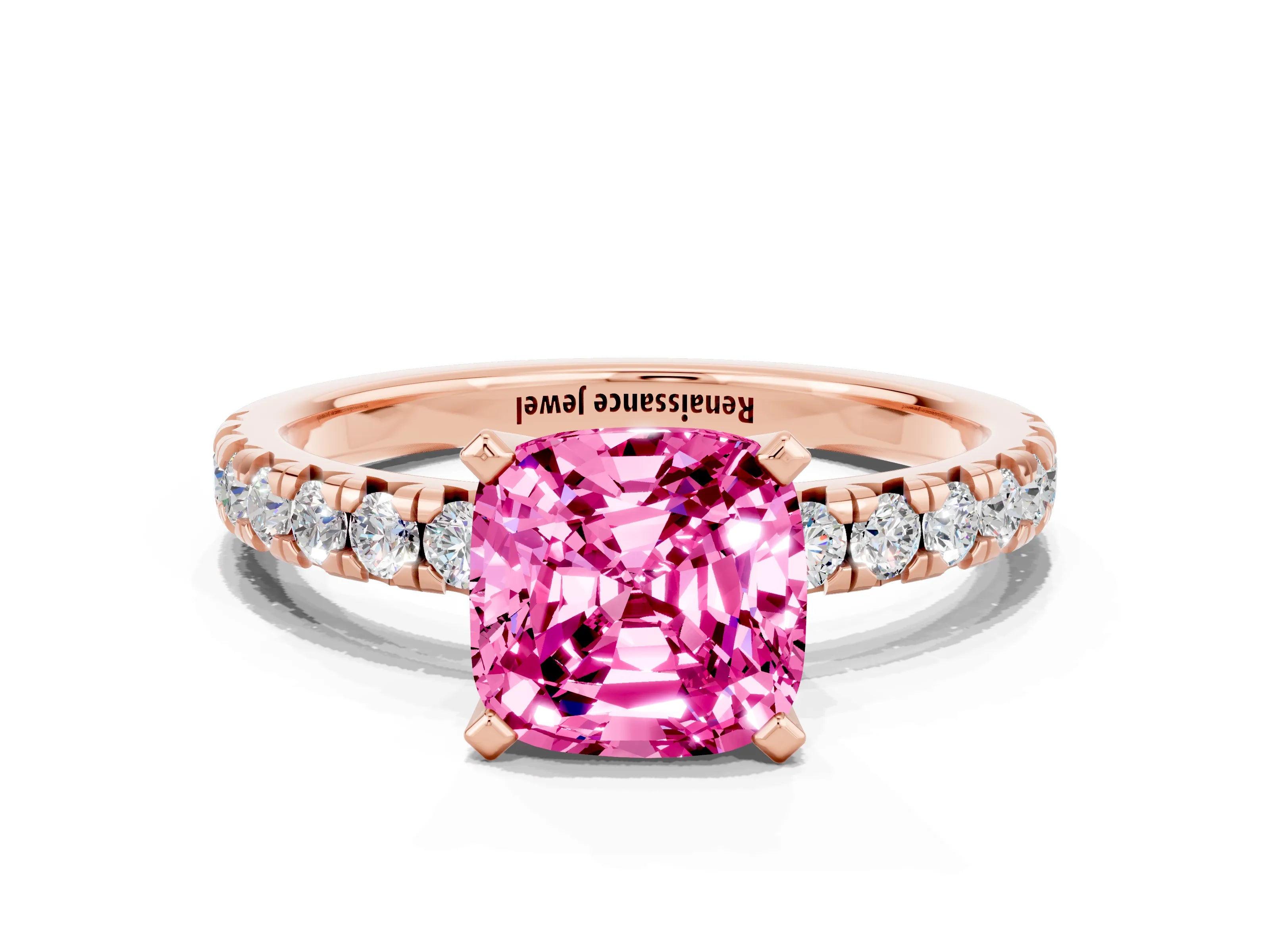 Rose gold Cushion Cut Solitaire Pave Diamond Engagement Ring with Four-Prong Setting