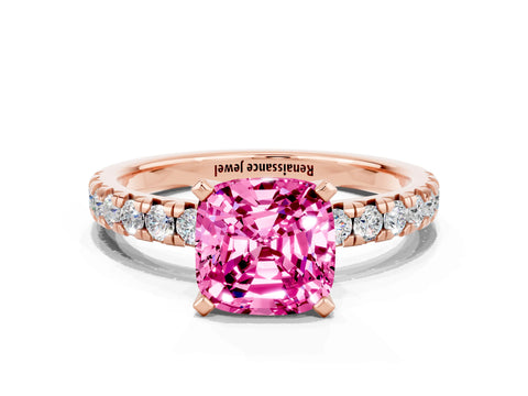 Rose gold Cushion Cut Solitaire Pave Diamond Engagement Ring with Four-Prong Setting