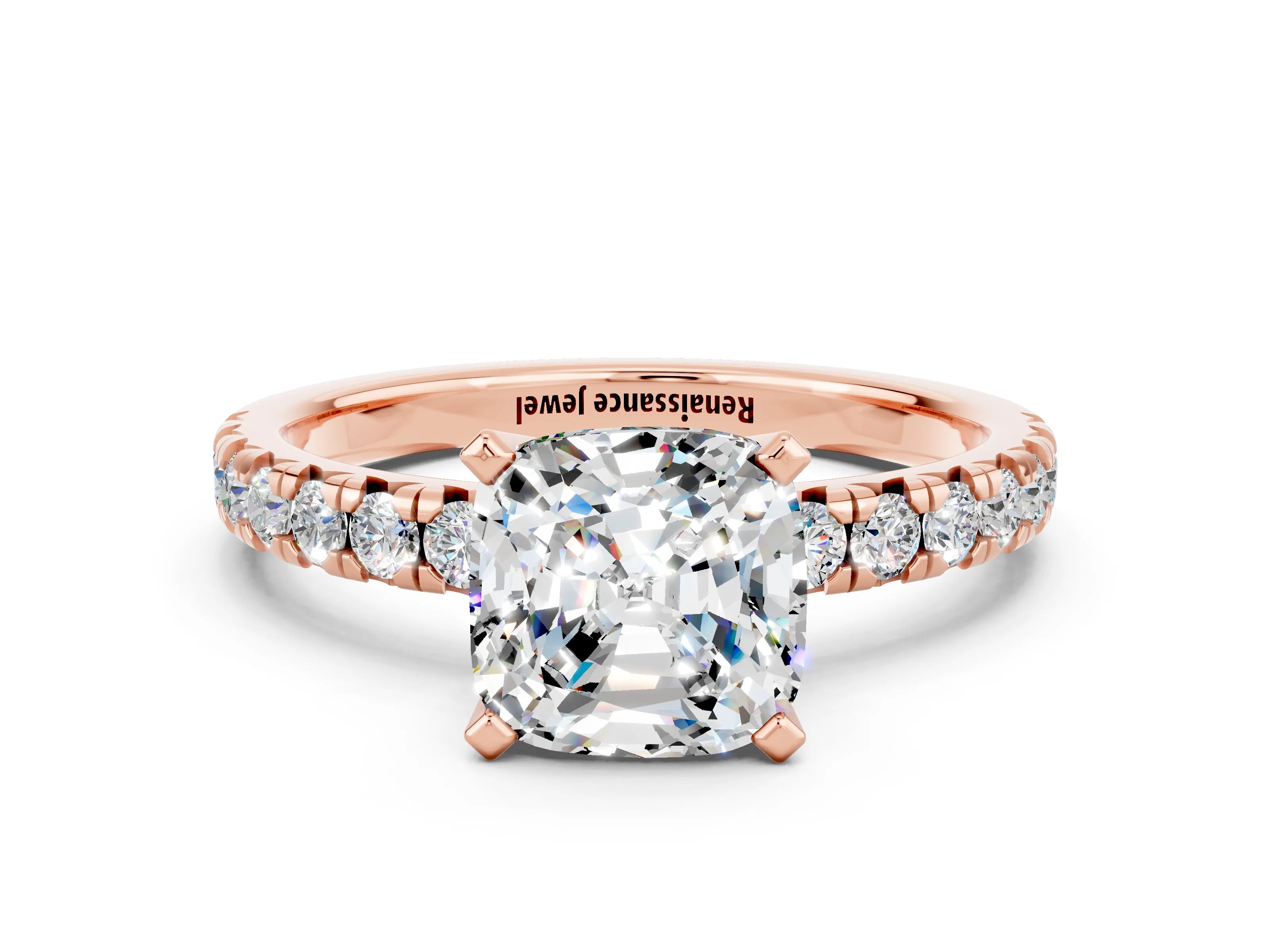 Rose gold Cushion Cut Solitaire Pave Diamond Engagement Ring with Four-Prong Setting