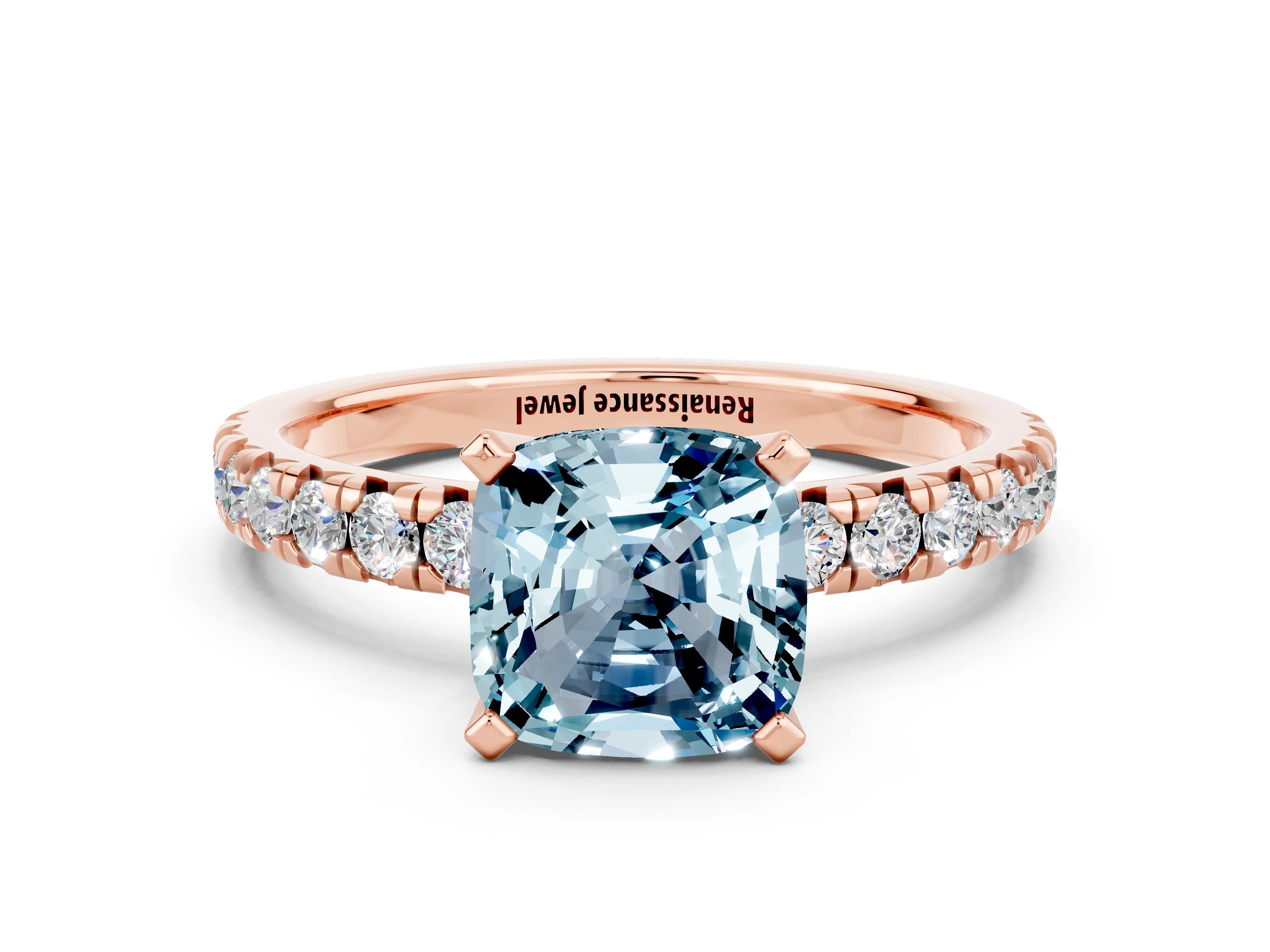 Rose gold Cushion Cut Solitaire Pave Diamond Engagement Ring with Four-Prong Setting