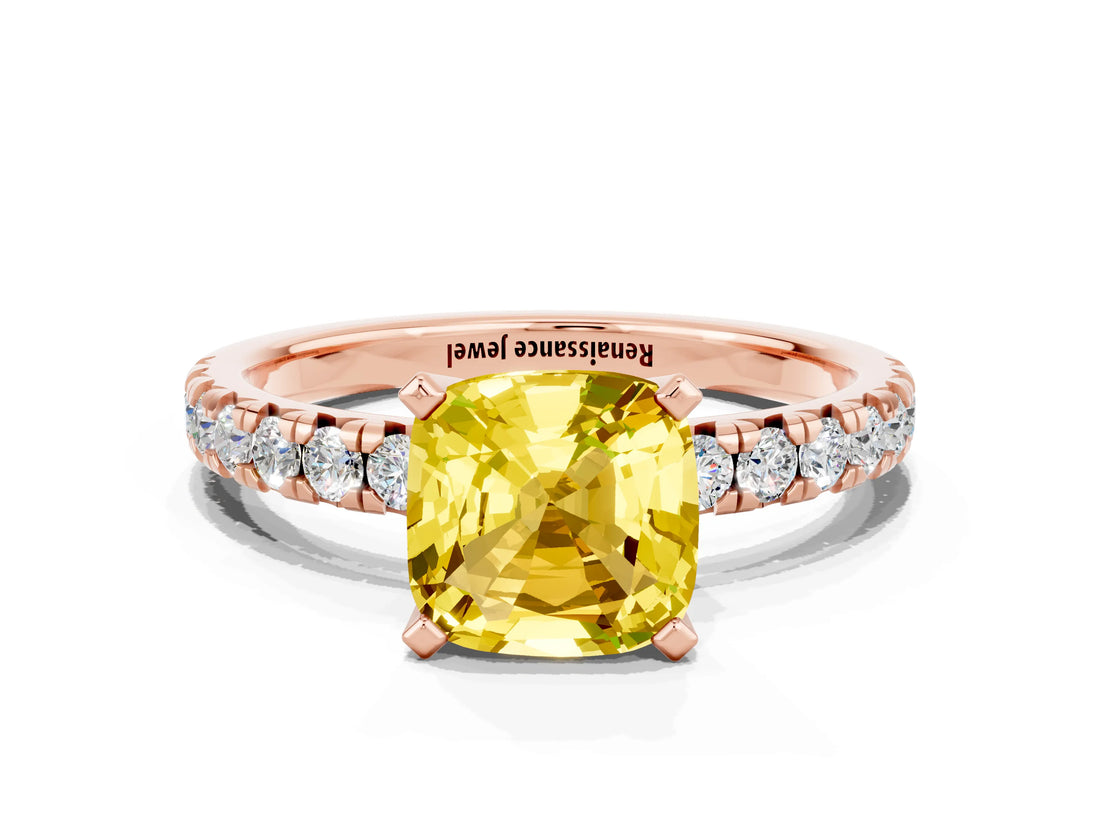 Rose gold Cushion Cut Solitaire Pave Diamond Engagement Ring with Four-Prong Setting