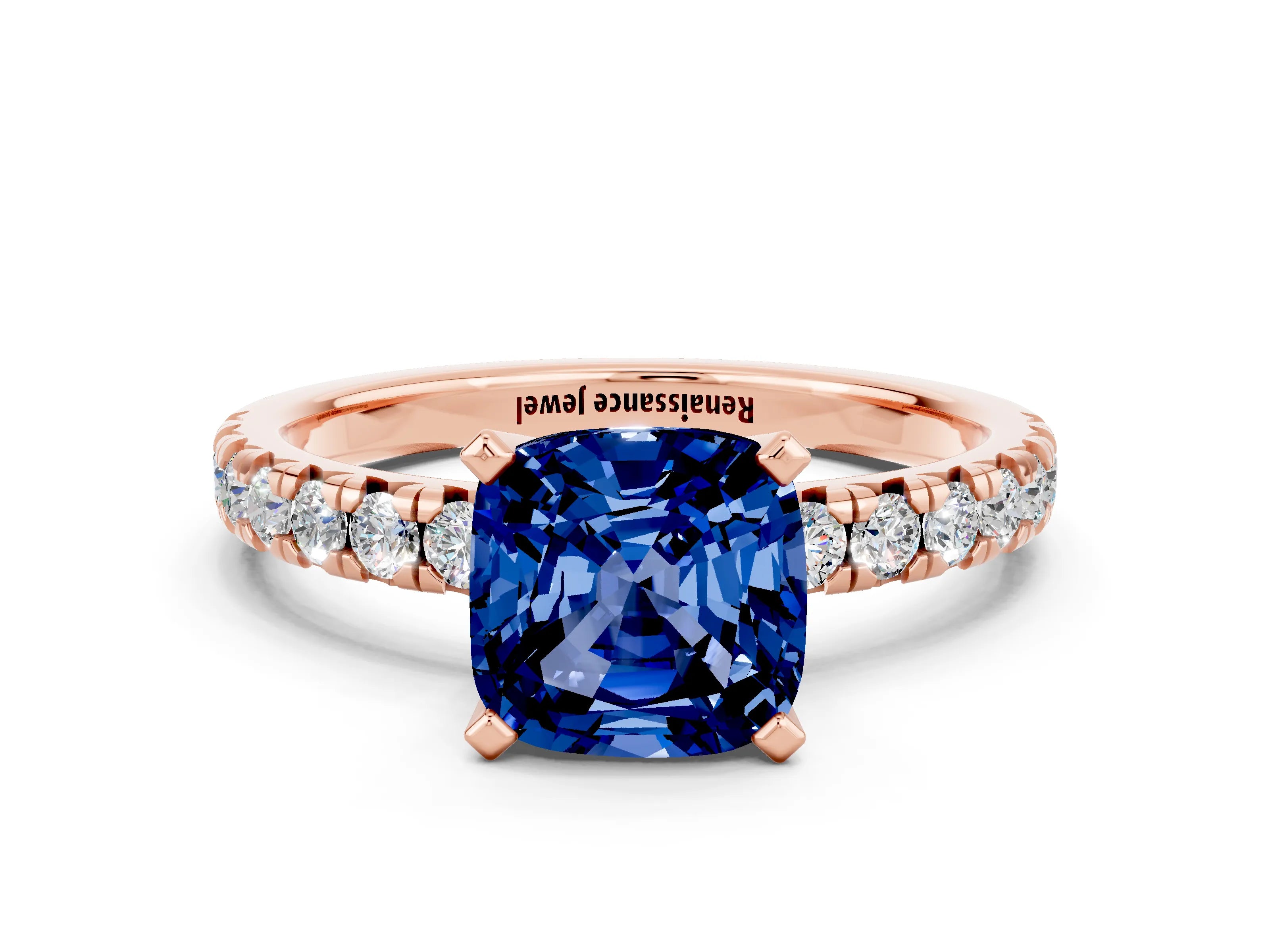 Rose gold Cushion Cut Solitaire Pave Diamond Engagement Ring with Four-Prong Setting