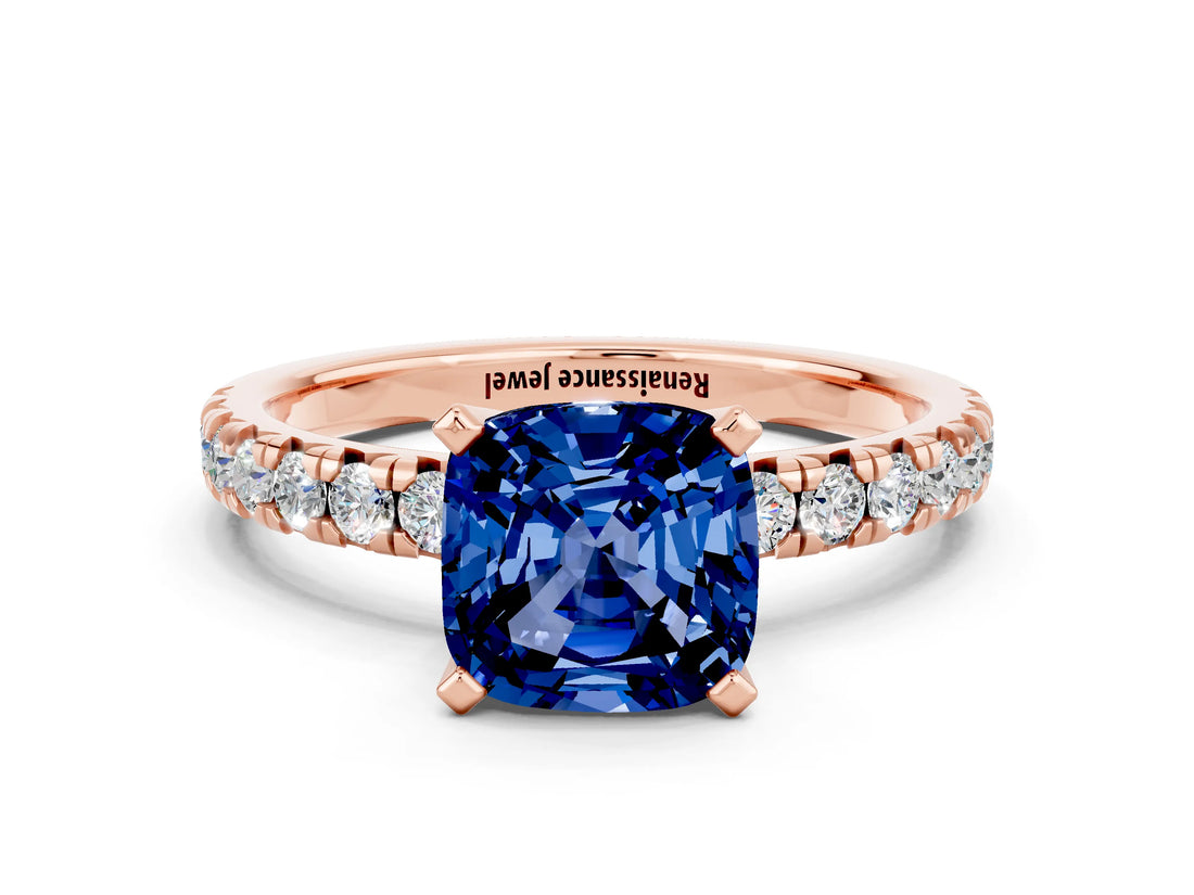 Rose gold Cushion Cut Solitaire Pave Diamond Engagement Ring with Four-Prong Setting