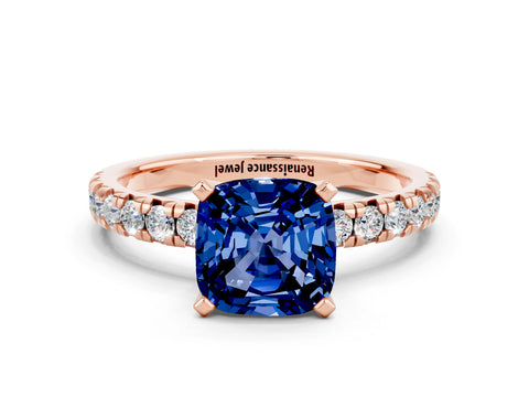 Rose gold Cushion Cut Solitaire Pave Diamond Engagement Ring with Four-Prong Setting