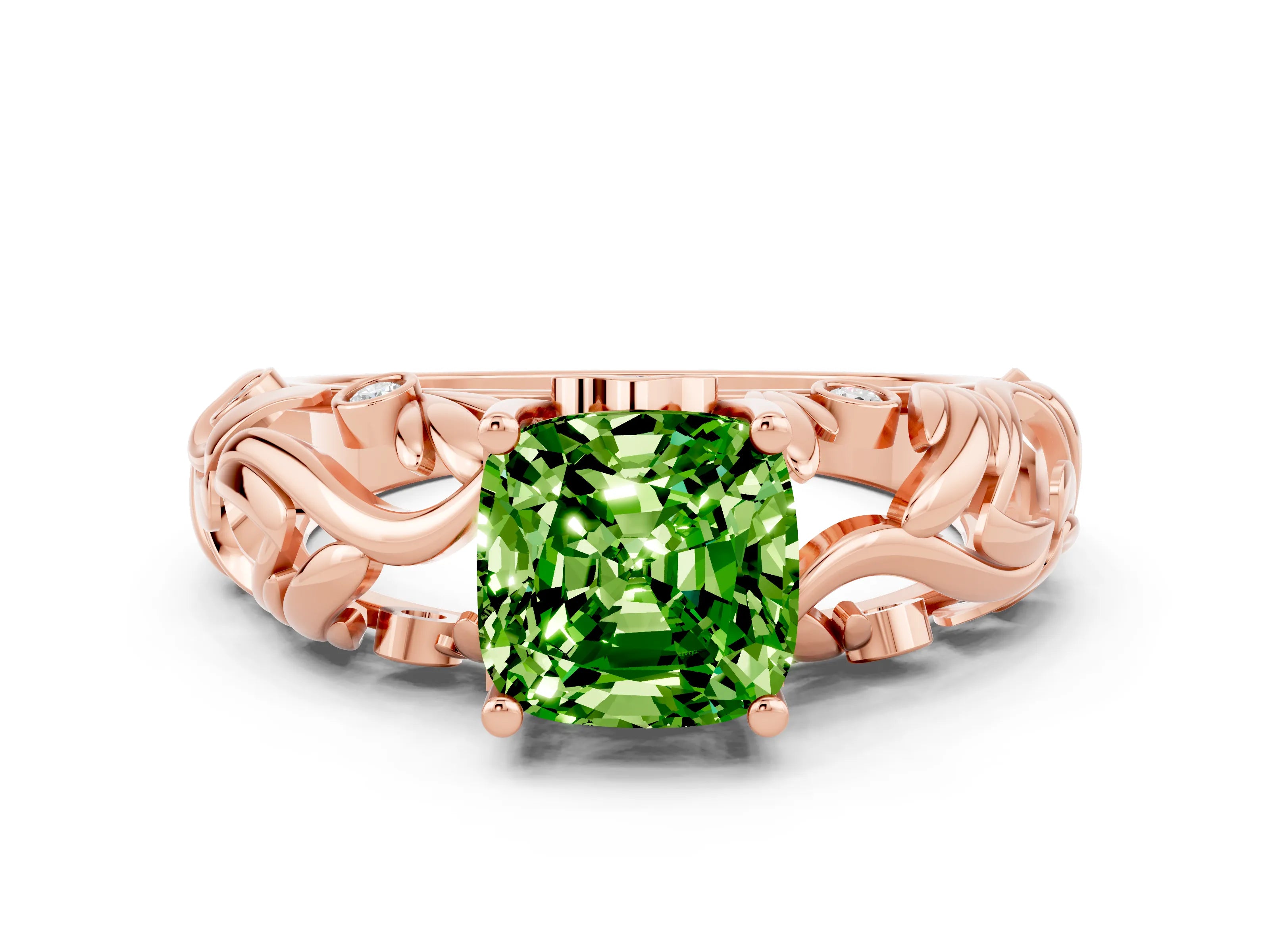 Rose gold Cushion Cut Solitaire Peridot Leaf-Inspired Vine Band Ring with Prong Setting