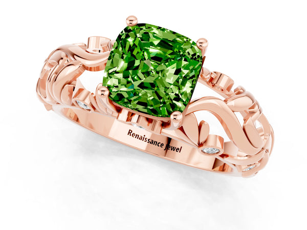 Rose gold Cushion Cut Solitaire Peridot Leaf-Inspired Vine Band Ring with Prong Setting