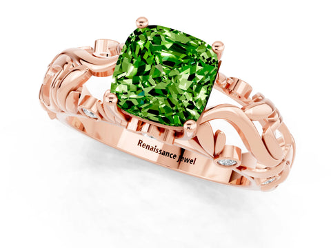 Rose gold Cushion Cut Solitaire Peridot Leaf-Inspired Vine Band Ring with Prong Setting_1