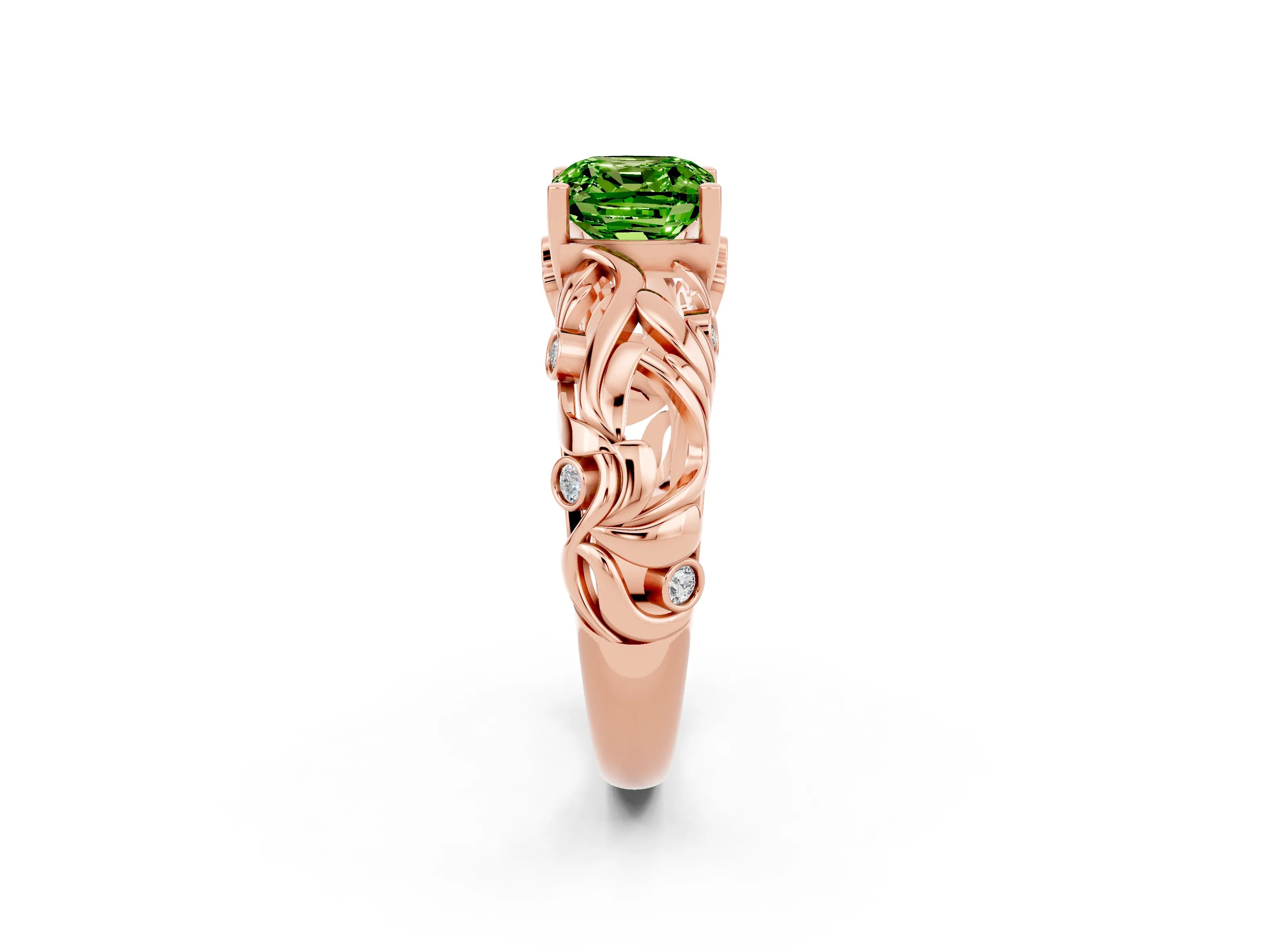 Rose gold Cushion Cut Solitaire Peridot Leaf-Inspired Vine Band Ring with Prong Setting_2
