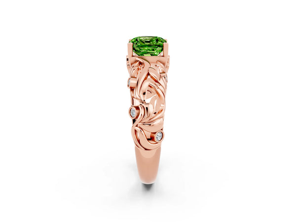 Rose gold Cushion Cut Solitaire Peridot Leaf-Inspired Vine Band Ring with Prong Setting