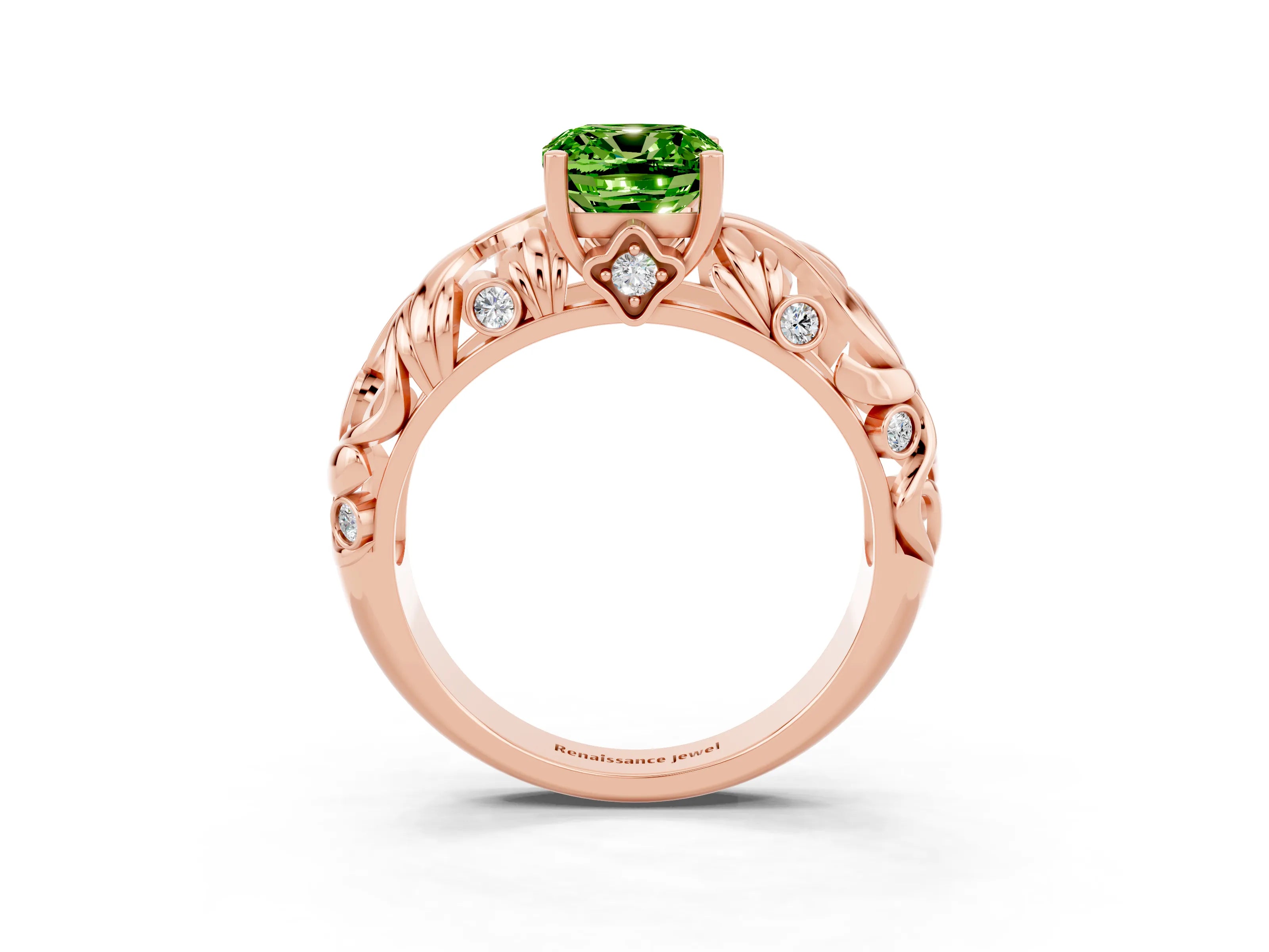 Rose gold Cushion Cut Solitaire Peridot Leaf-Inspired Vine Band Ring with Prong Setting_3