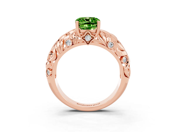 Rose gold Cushion Cut Solitaire Peridot Leaf-Inspired Vine Band Ring with Prong Setting
