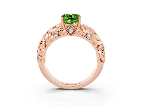 Rose gold Cushion Cut Solitaire Peridot Leaf-Inspired Vine Band Ring with Prong Setting_3