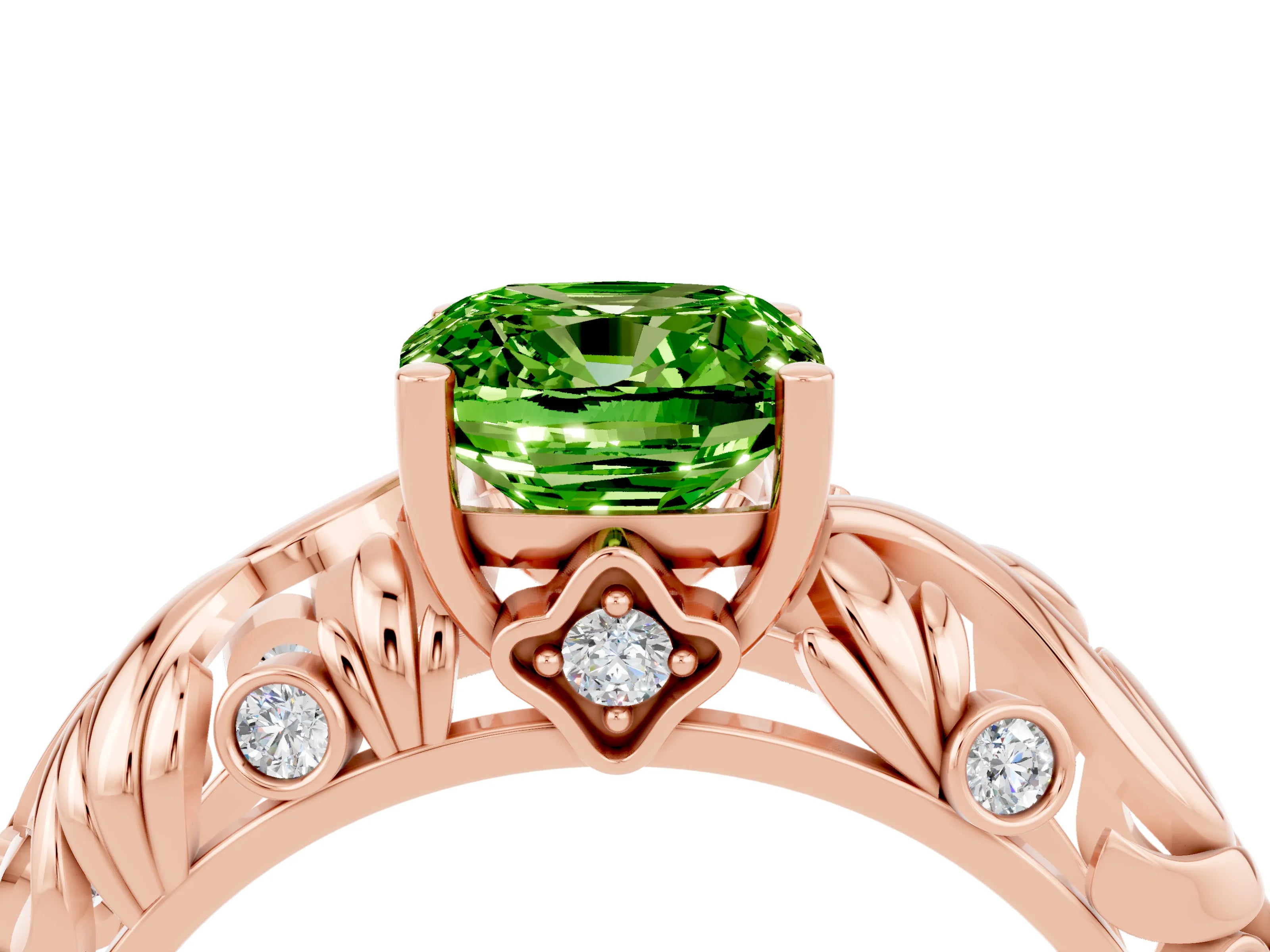 Rose gold Cushion Cut Solitaire Peridot Leaf-Inspired Vine Band Ring with Prong Setting_4