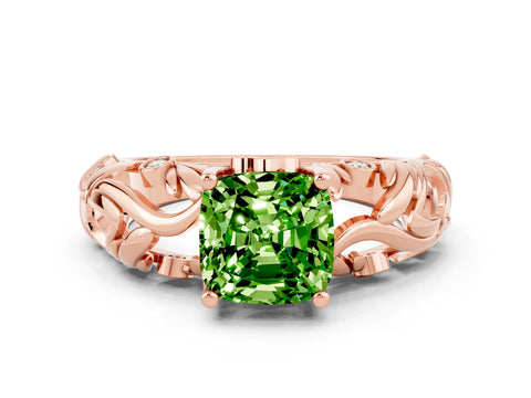 Rose gold Cushion Cut Solitaire Peridot Leaf-Inspired Vine Band Ring with Prong Setting