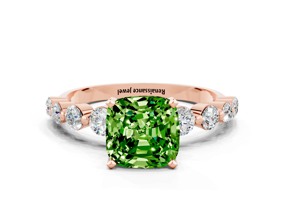 Rose gold Cushion Cut Solitaire Peridot Ring with Pave Band and Four-Prong Setting