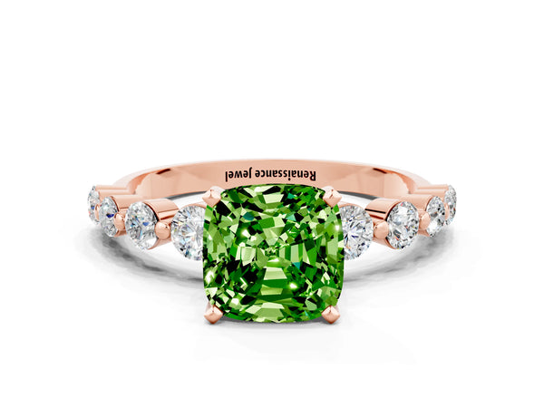 Rose gold Cushion Cut Solitaire Peridot Ring with Pave Band and Four-Prong Setting