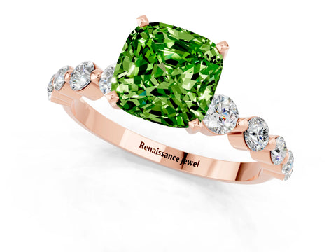 Rose gold Cushion Cut Solitaire Peridot Ring with Pave Band and Four-Prong Setting_1