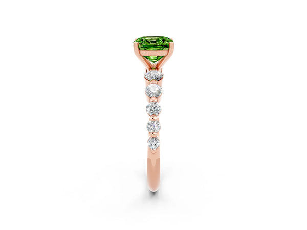 Rose gold Cushion Cut Solitaire Peridot Ring with Pave Band and Four-Prong Setting
