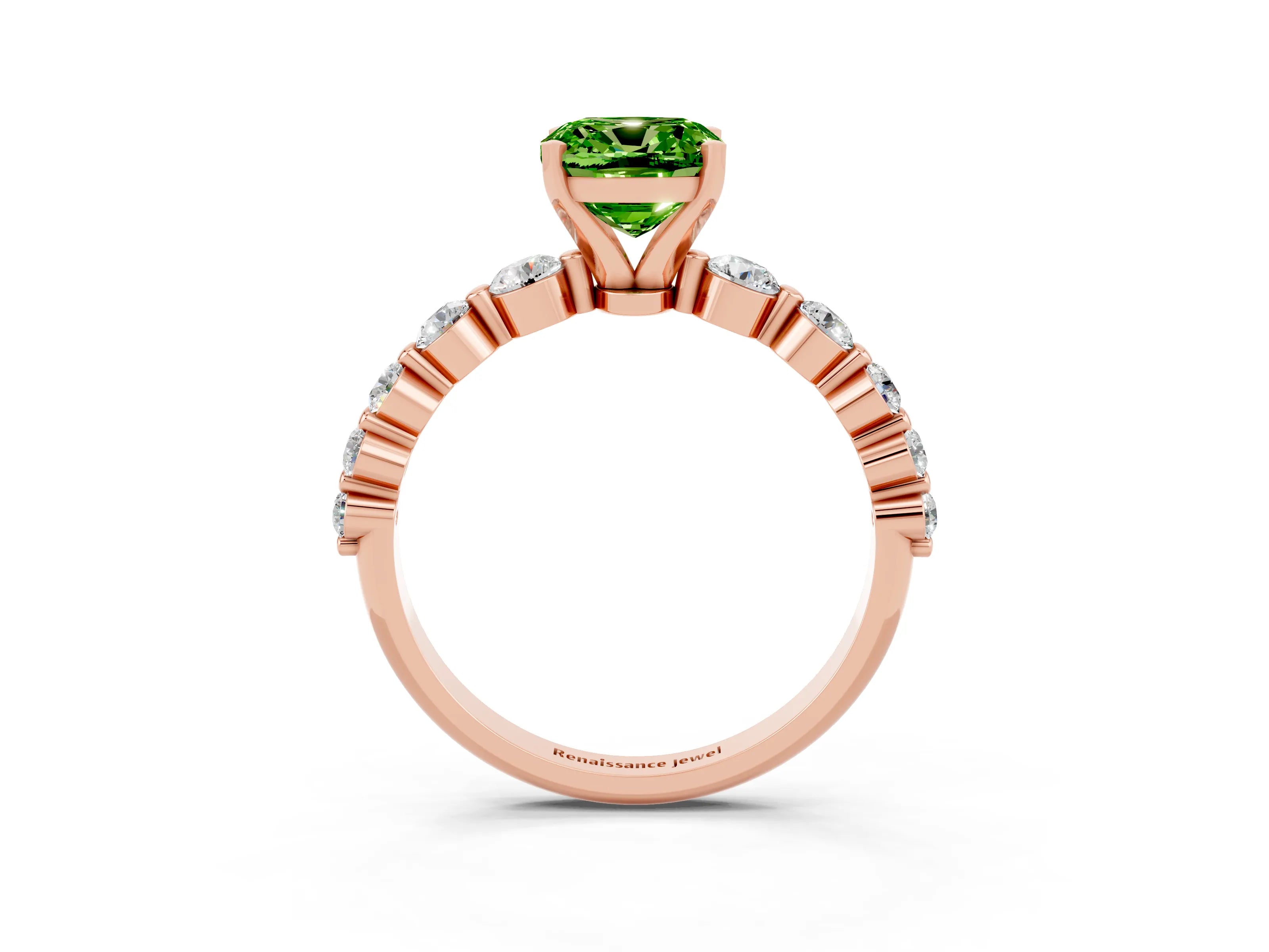 Rose gold Cushion Cut Solitaire Peridot Ring with Pave Band and Four-Prong Setting_3