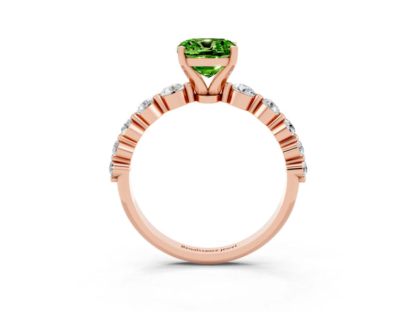 Rose gold Cushion Cut Solitaire Peridot Ring with Pave Band and Four-Prong Setting