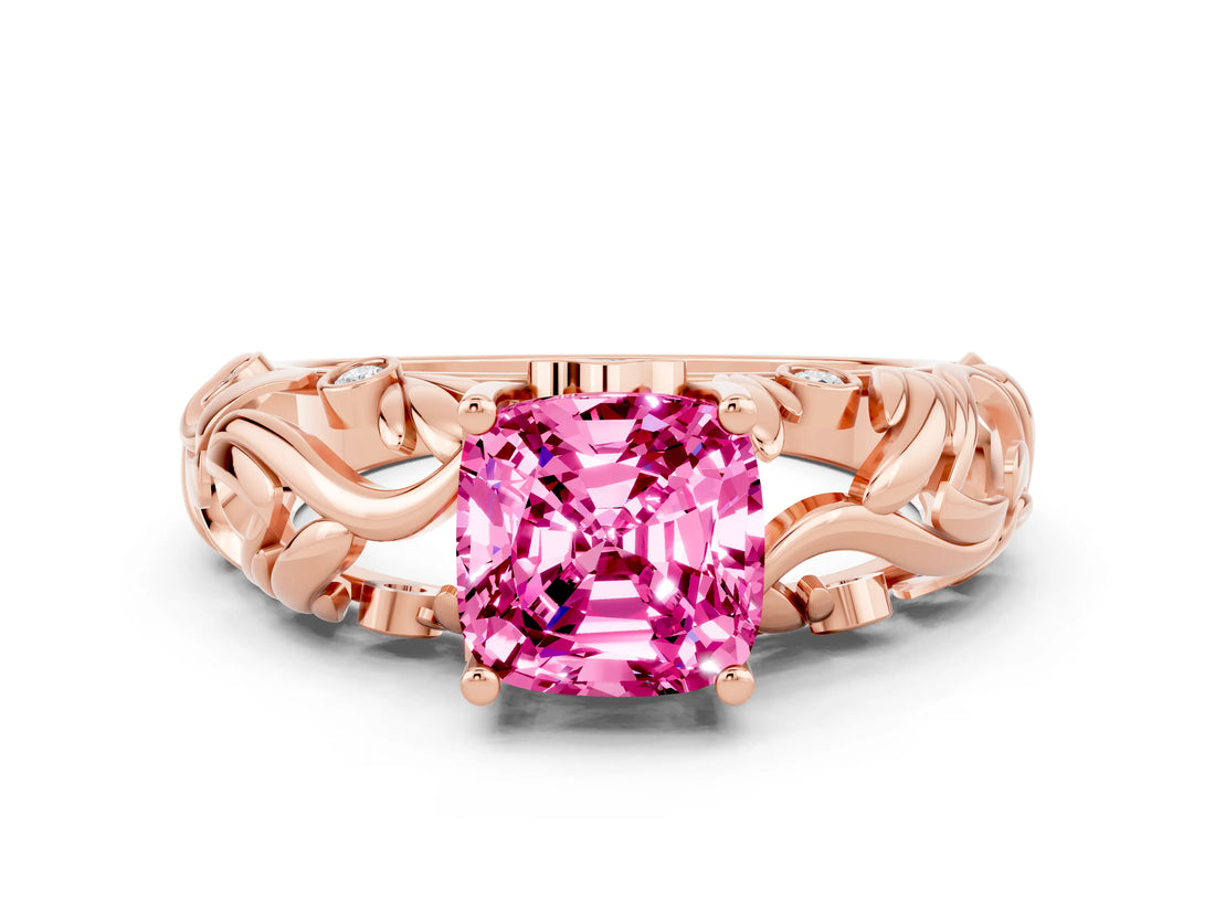Rose gold Cushion Cut Solitaire Pink Sapphire Leaf-Inspired Vine Band Ring with Prong Setting_24
